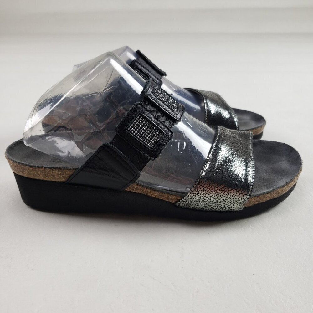 Naot Emma Slide Wedge Sandal Womens 7 EU 38 Black Silver Leather Slip On Strappy - Picture 2 of 11
